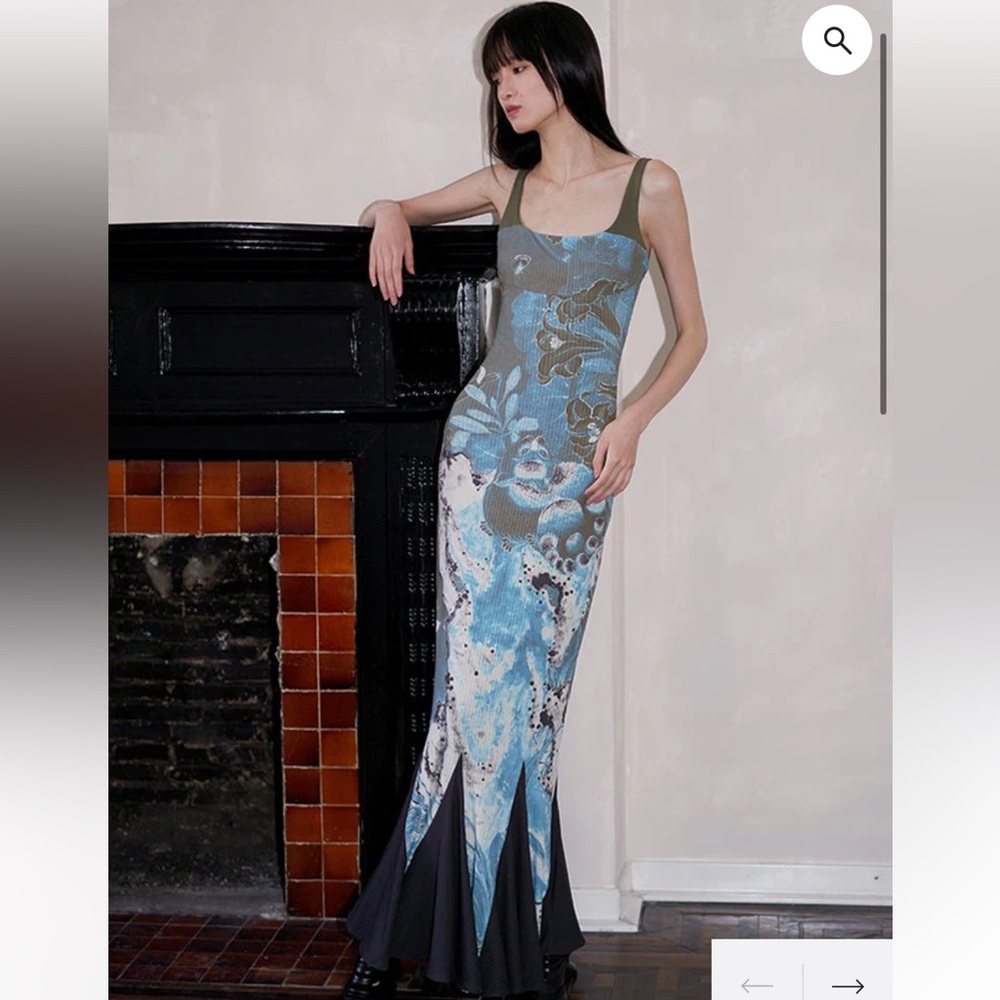 Chinese Print Adjustable Sling Fishtail Dress